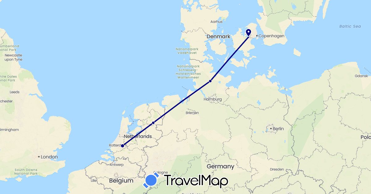 TravelMap itinerary: driving in Germany, Denmark, Netherlands (Europe)